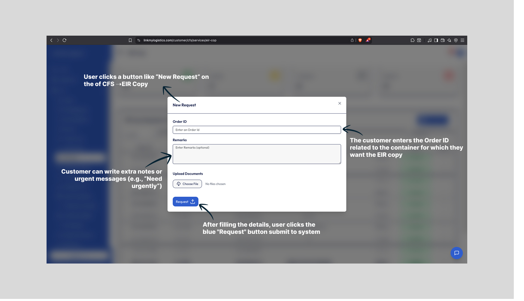 EIR Copy Request Page Interface